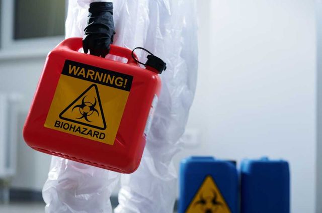 A person in a protective suit is holding a red can of biohazard.