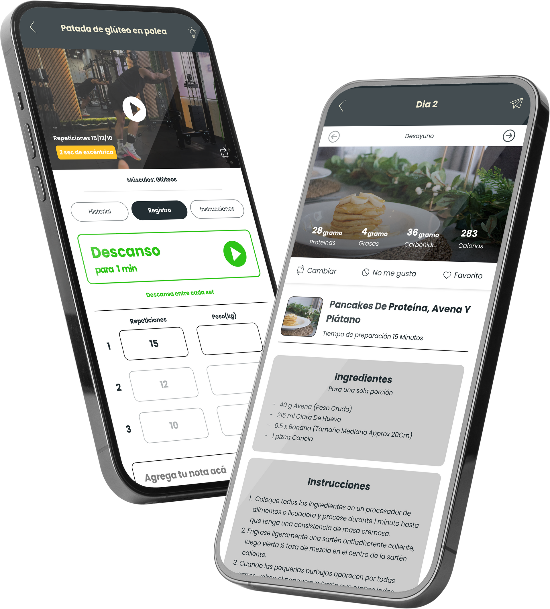 Two smartphones displaying cooking app interface; recipes, videos, and ingredients are shown.
