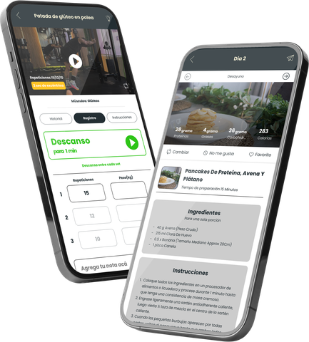 Two smartphones displaying cooking app interface; recipes, videos, and ingredients are shown.
