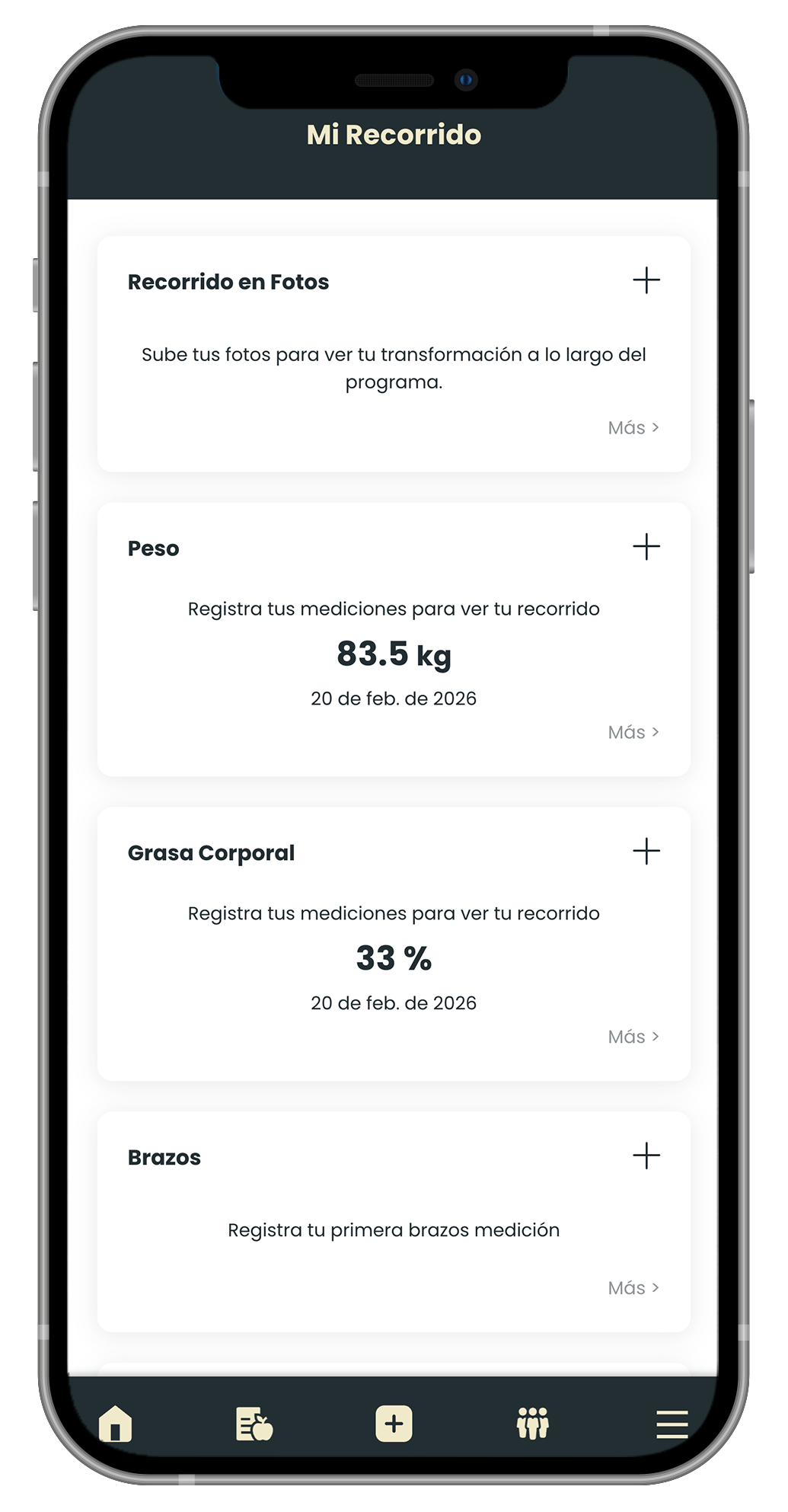 Smartphone screen showing health app with body metrics: weight (88.6 kg), body fat (33%).ACTIVADN Entrenamiento y Nutrición personalizados