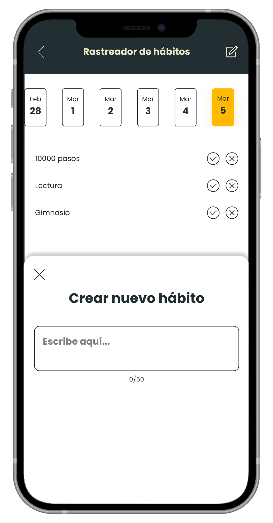 Smartphone screen: habit tracker with new habit creation prompt. ACTIVADN Entrenamiento y Nutrición personalizados