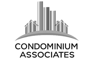 Logo: stylized buildings with barcode-like lines, over a gray curved shape. Text: 