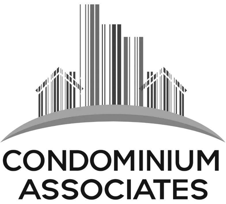 Logo: stylized buildings with barcode-like lines, over a gray curved shape. Text: 