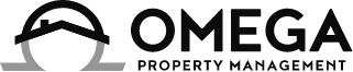 Omega Property Management logo. The symbol is a greek omega symbol with a roof. Black and gray.
