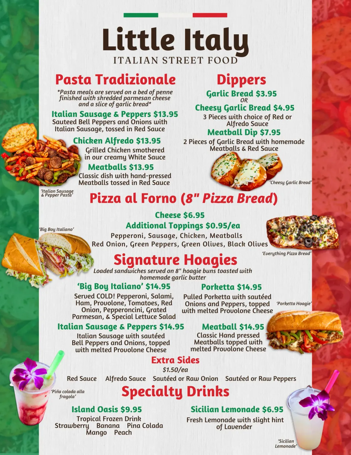 Menu for Little Italy Italian Street Food, featuring pasta, pizza, hoagies, and specialty drinks.