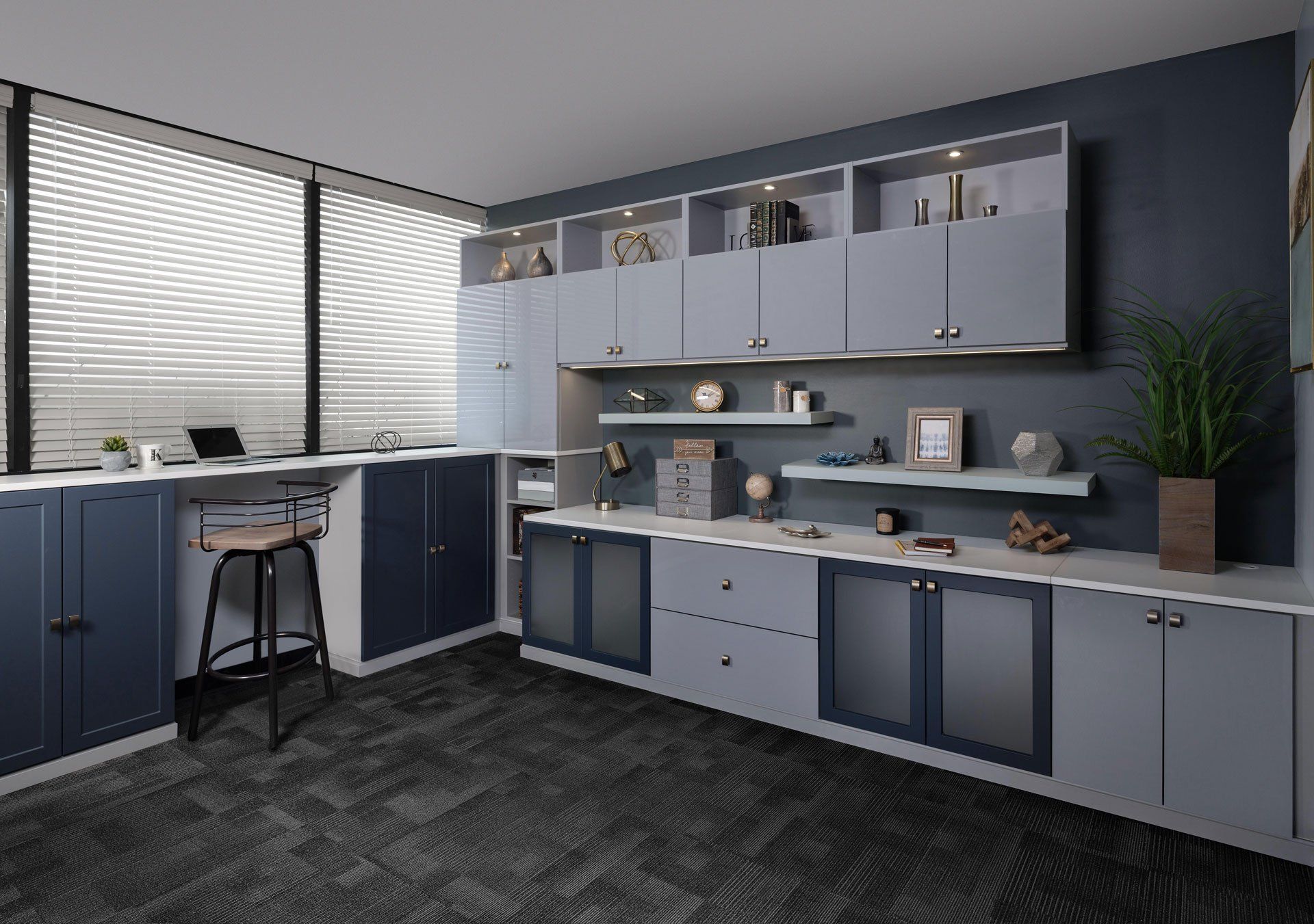 a room with a lot of cabinets and shelves and a window .