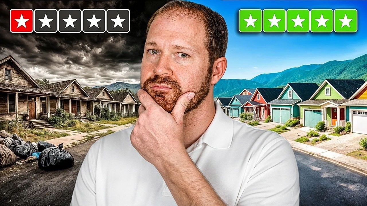 Man pondering two rows of houses, one under a stormy sky (1-star rating), the other sunny with colorful homes (5-star rating).