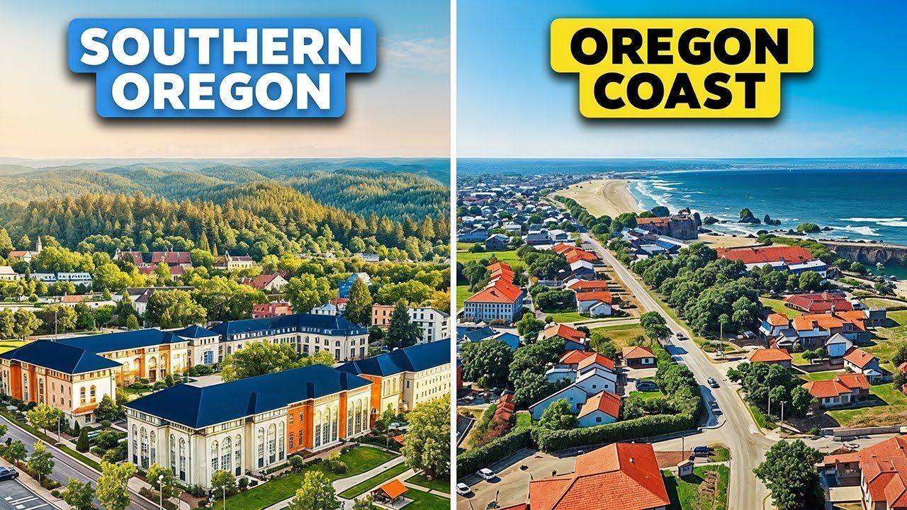 Comparison of Southern Oregon, with buildings and trees, and Oregon Coast, with beach and town.