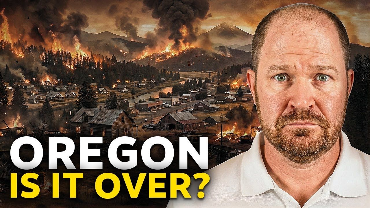 Man with concerned expression in front of burning town,