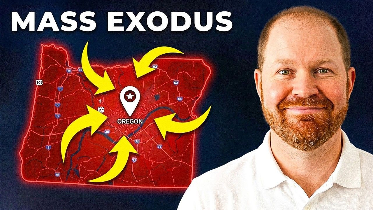 A person smiles next to a map of Oregon, highlighted in red with arrows pointing inward toward a central map marker.