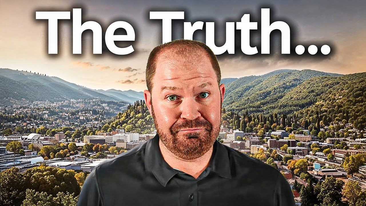 Man with beard in front of a city background, text overlay