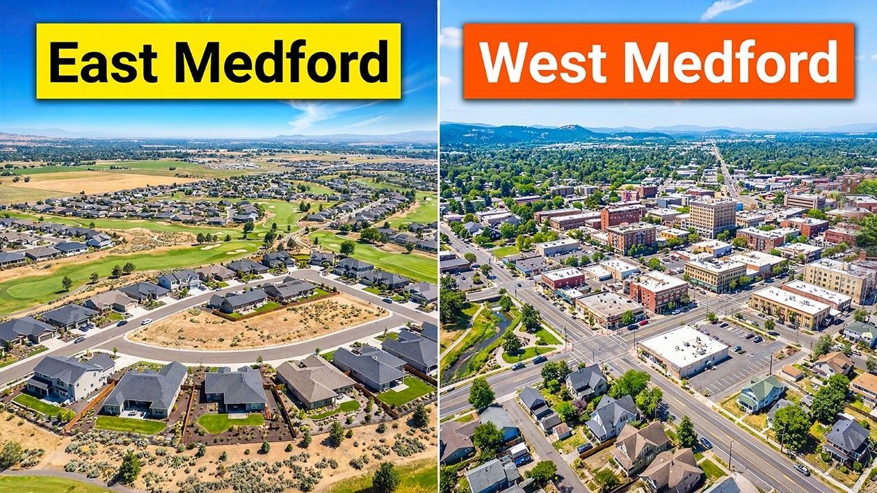 A split-screen comparison: East Medford shows suburban housing and open space, while West Medford displays a dense town center.