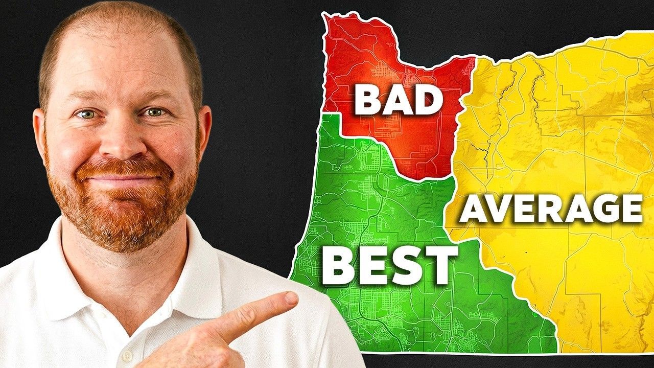 A man gestures toward a map of Oregon divided into three color-coded sections labeled