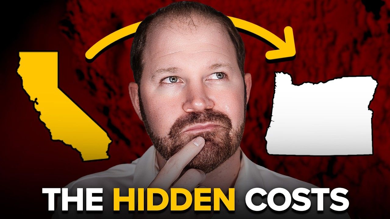 Man pondering California and Oregon, with arrows and text 