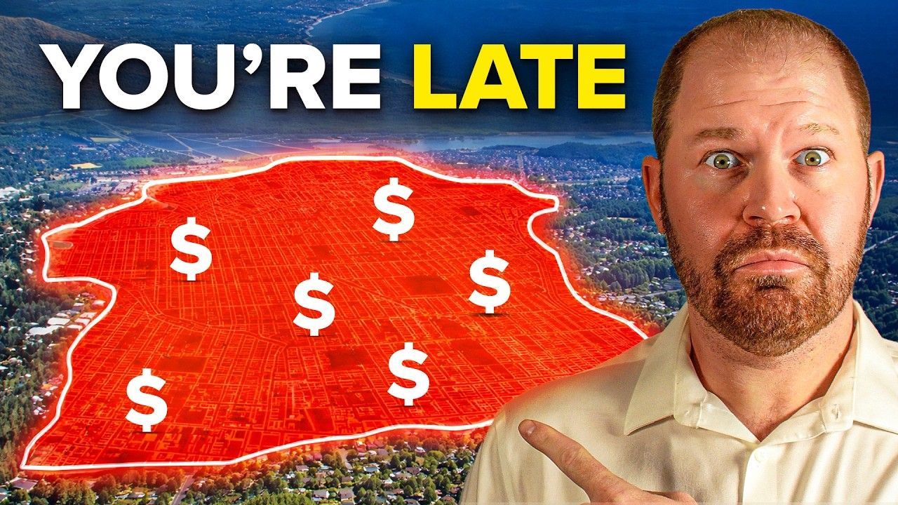 A man points at a city map highlighted in red with dollar signs; text above reads 