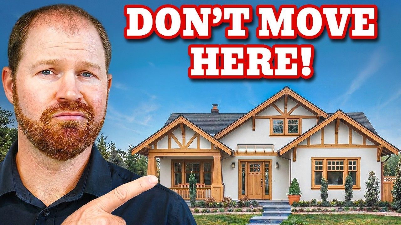 A man with a beard points toward a suburban house under a blue sky, with bold red text above reading: DON'T MOVE HERE!