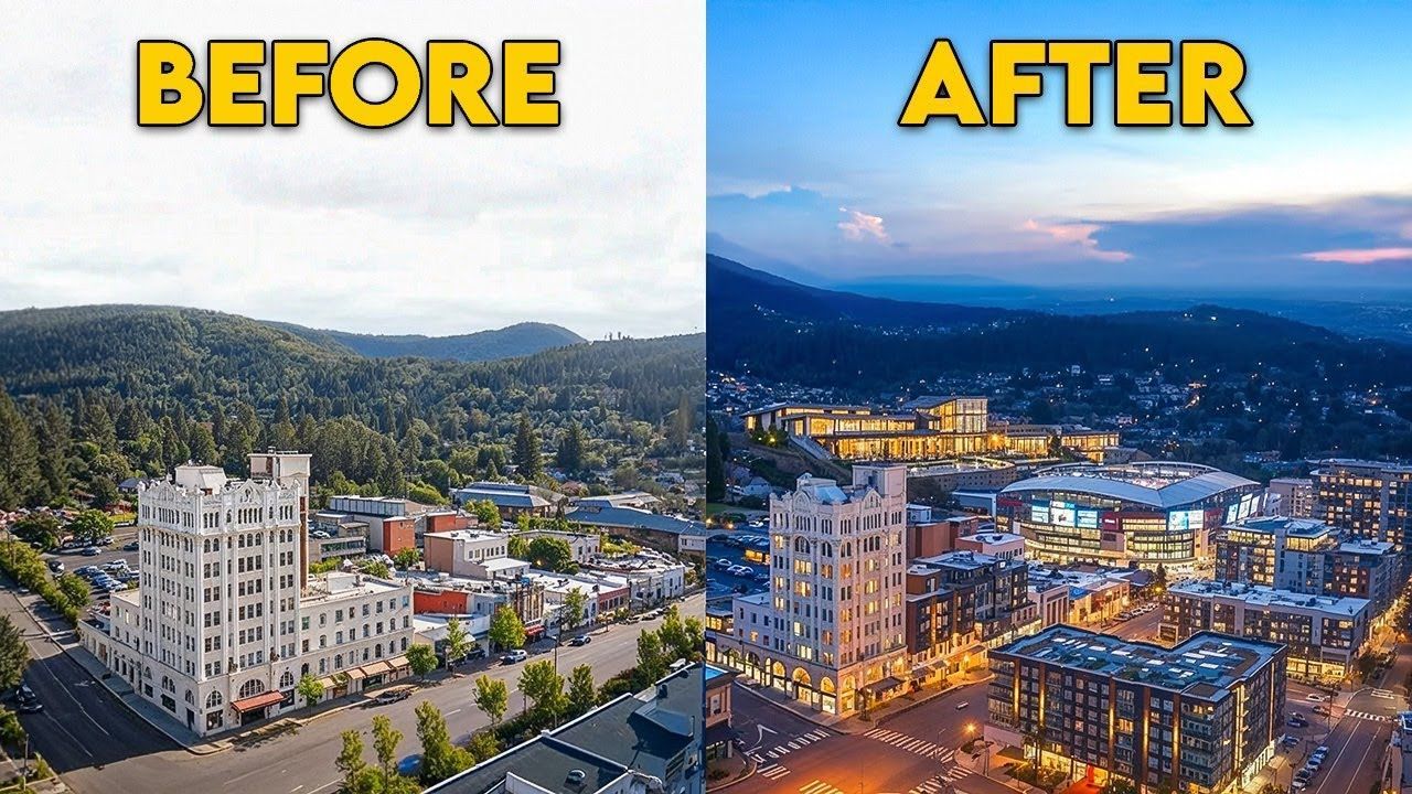 Before-and-after aerial view of a city, daytime to nighttime, showing building development and lighting changes.