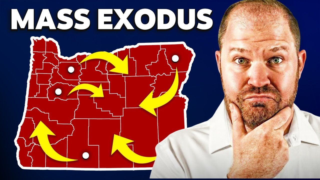Man looking concerned in front of a red Oregon map with yellow arrows, text 