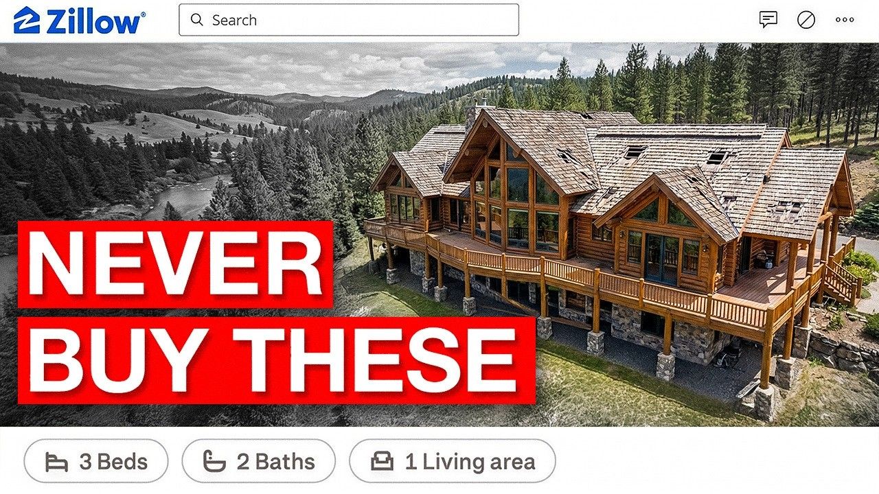 Zillow listing banner with red “NEVER BUY THESE” text over a mountain home exterior