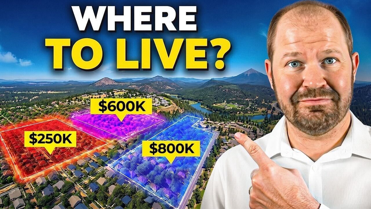 “Where to live?” text over coastal city map with $250K, $600K, and $800K labels and a man pointing right