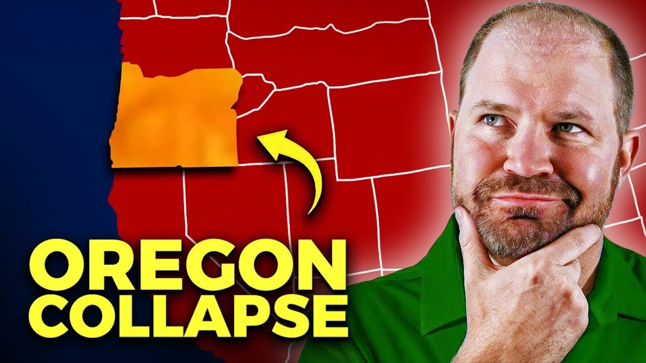 Man pondering, superimposed on a red map of the U.S. with highlighted orange Oregon. Text: 