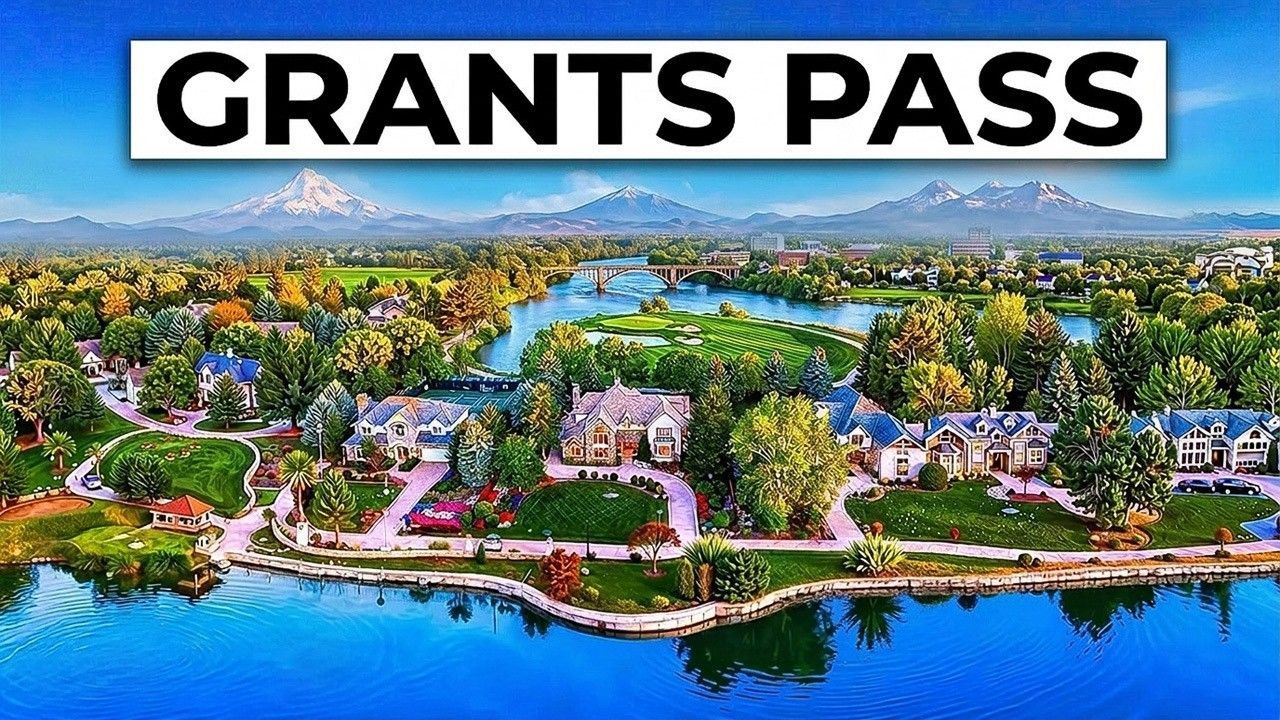 Aerial view of Grants Pass with river, trees, homes, and mountains under a clear sky