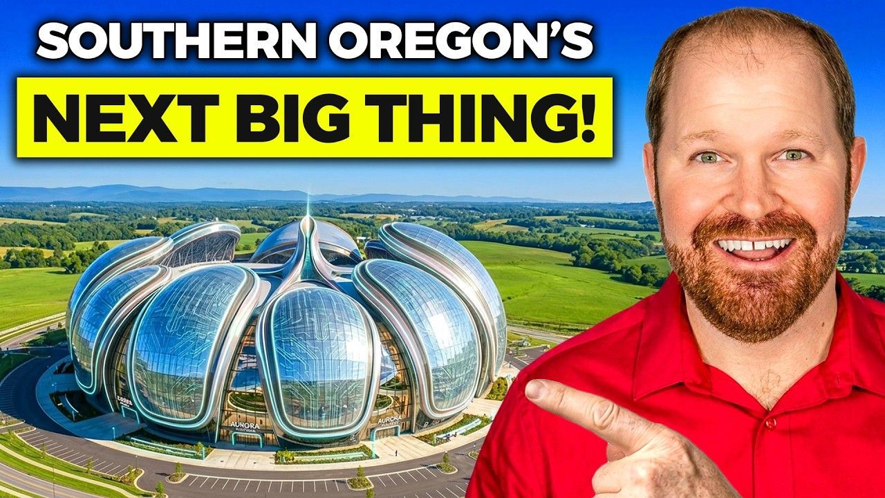 Southern Oregon’s “Next Big Thing” with a futuristic glass building and a smiling man in a red shirt