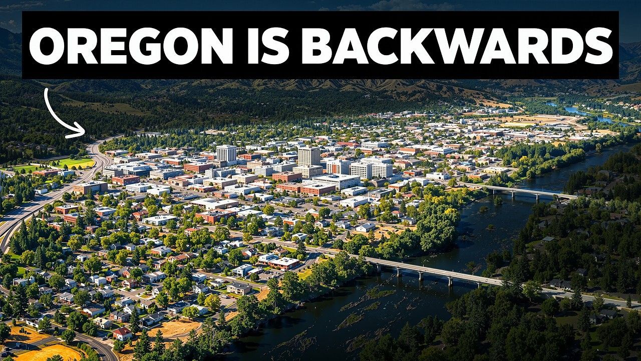 Aerial view of a city beside a forested hillside, with the text “OREGON IS BACKWARDS” at the top.