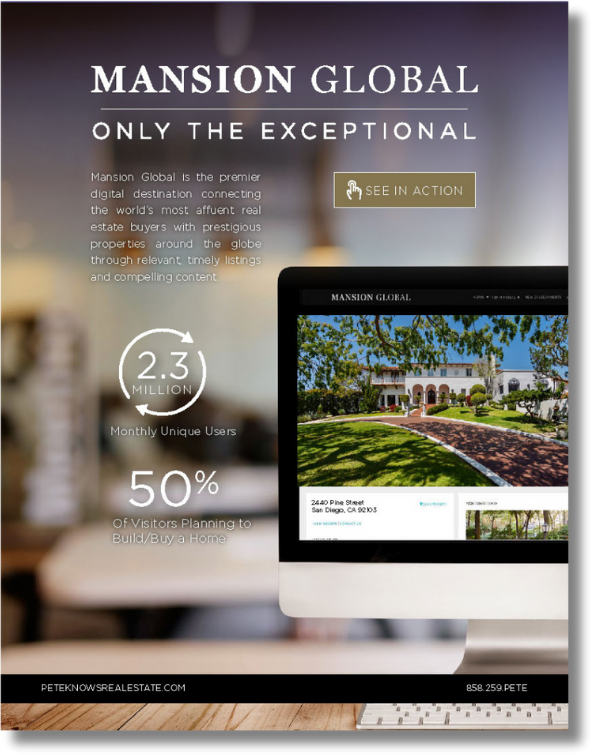 An advertisement for mansion global only the exceptional with a computer on a desk.