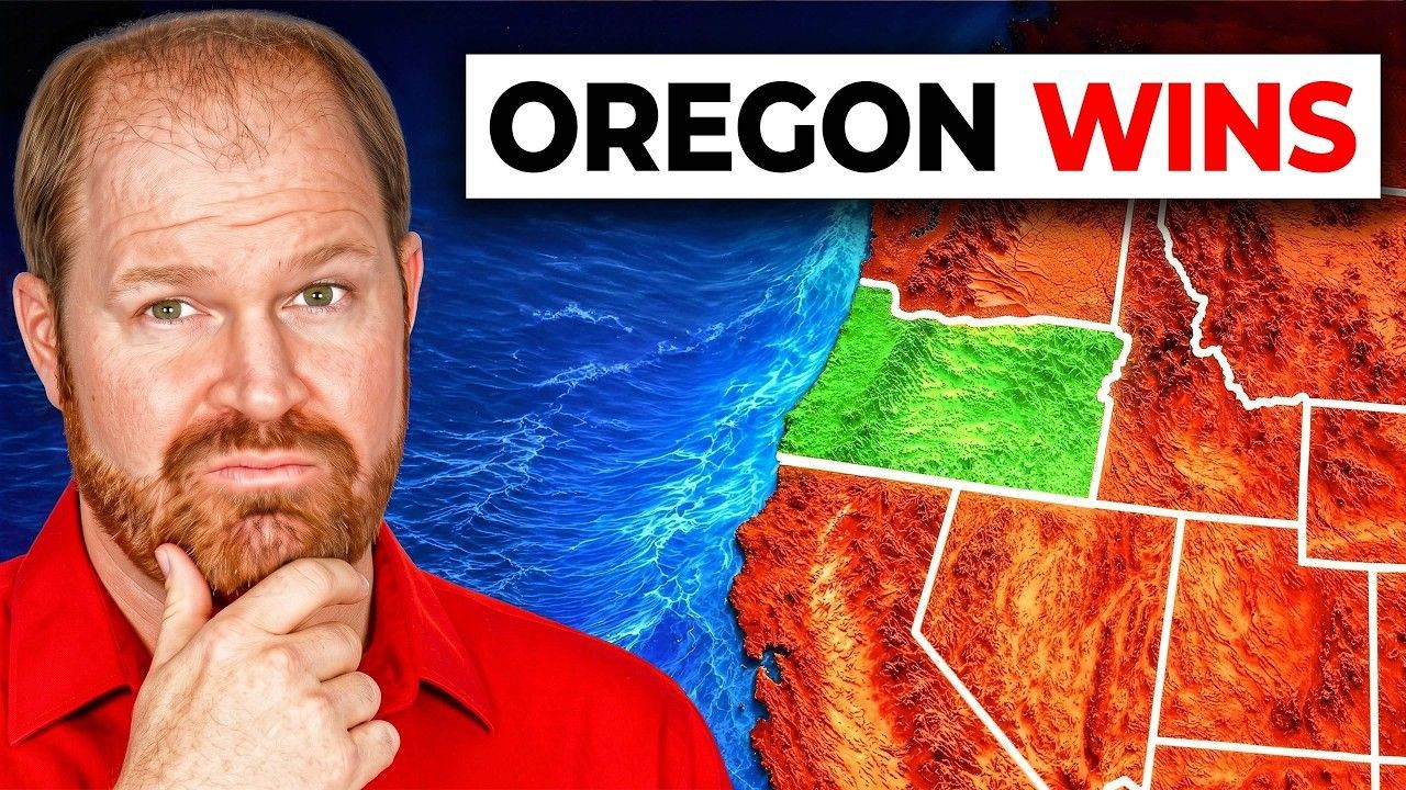 Man with beard beside Oregon map graphic reading “OREGON WINS” in blue, green, and orange colors
