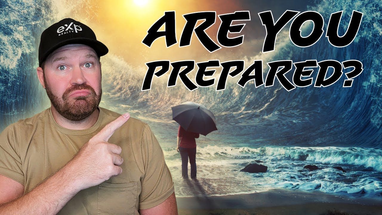 Man pointing at stormy beach scene with umbrella and text “ARE YOU PREPARED?”