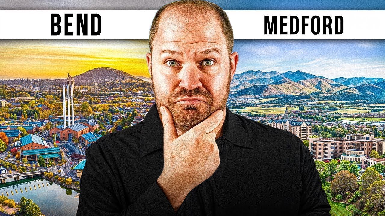 A man is standing in front of a picture of bend and medford.