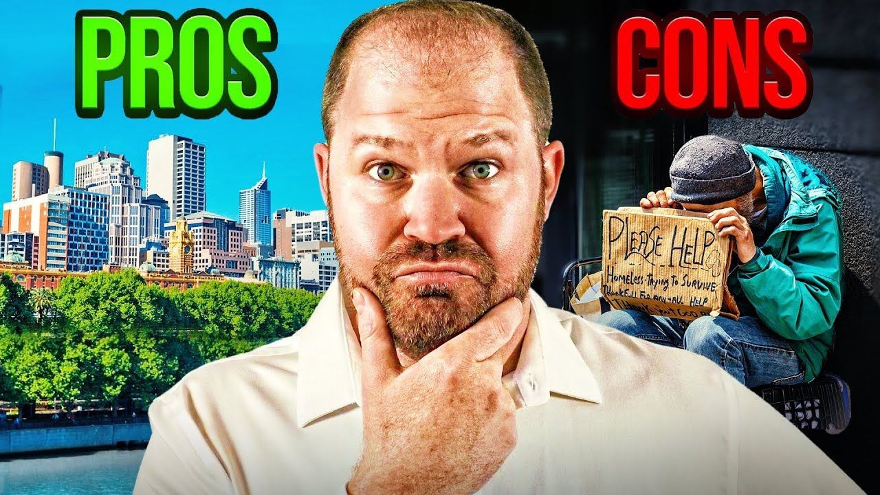 A man is thinking about pros and cons of living in a city.