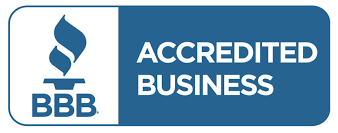 BBB Accredited Business logo, a blue and white design featuring a flame and the letters 