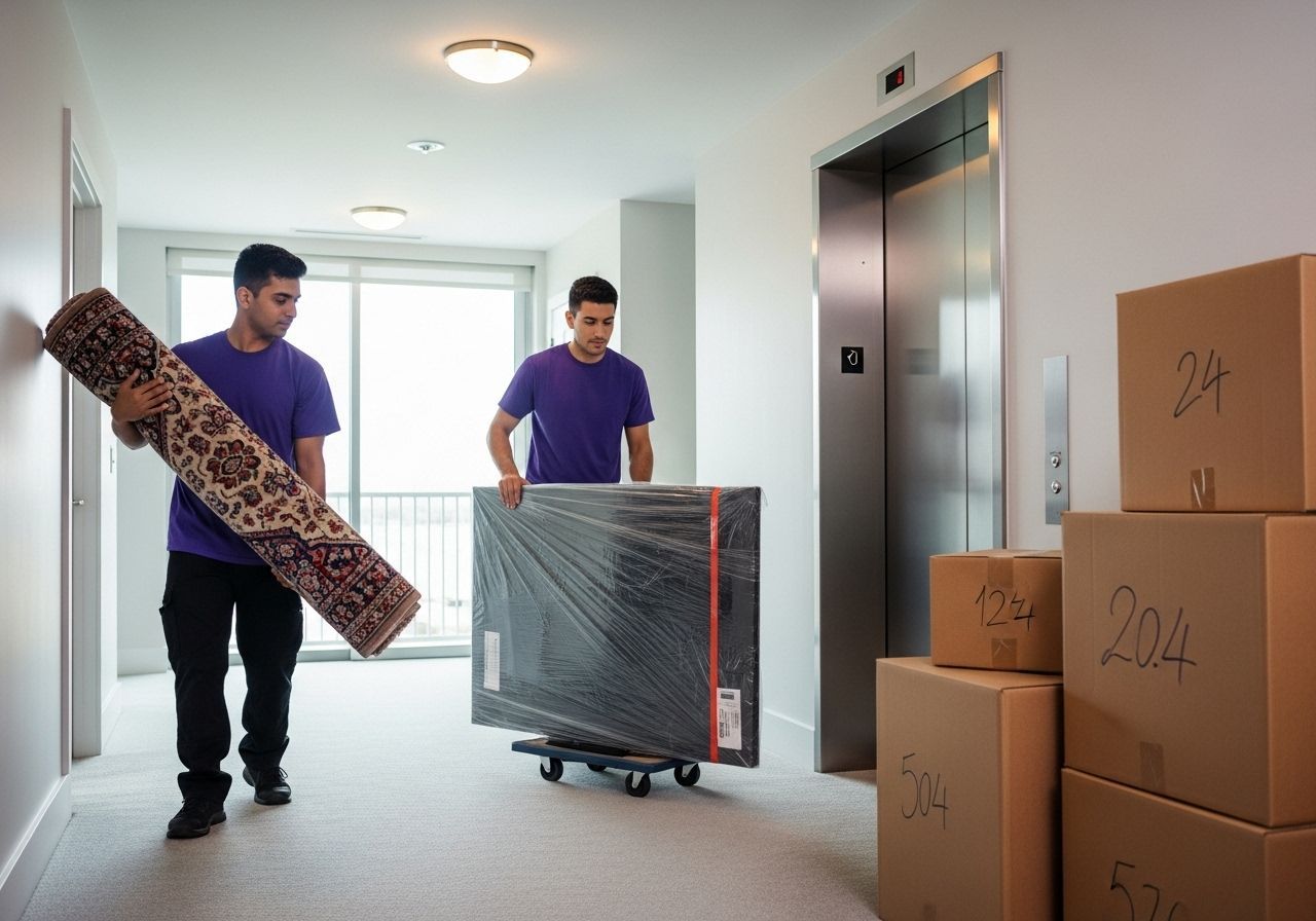 Two men moving items in a hallway: a rolled rug and a TV on a dolly, near an elevator and boxes.