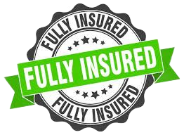 Fully insured seal with text on a green ribbon over a black and white background.