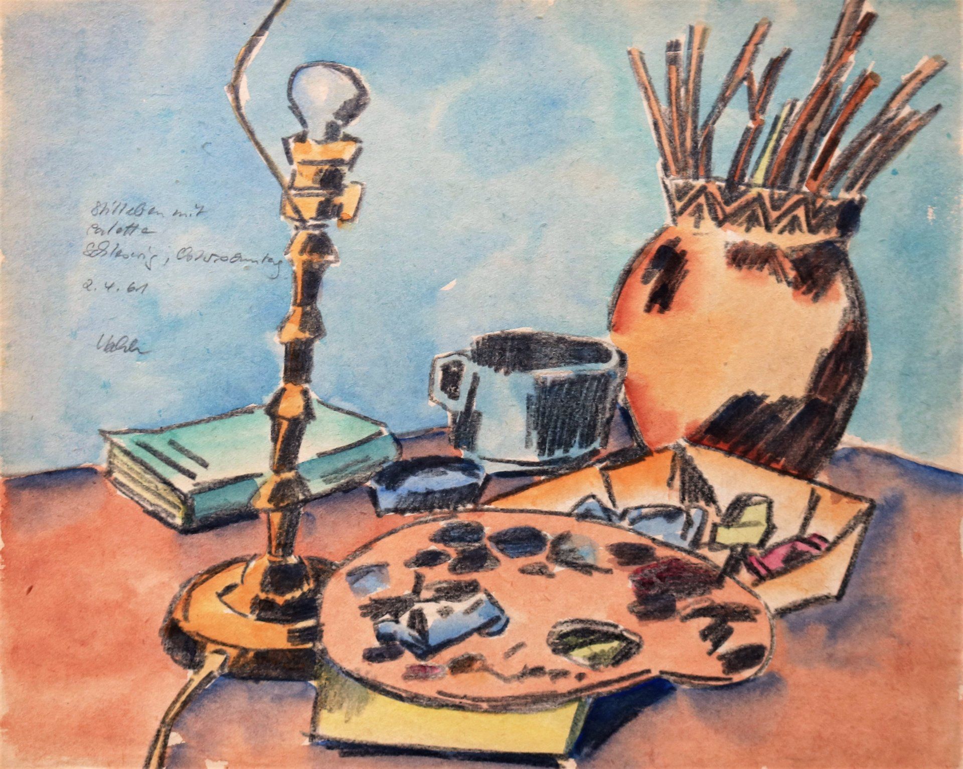 Ein Gemälde eines Tisches mit einer Lampe und einer Palette