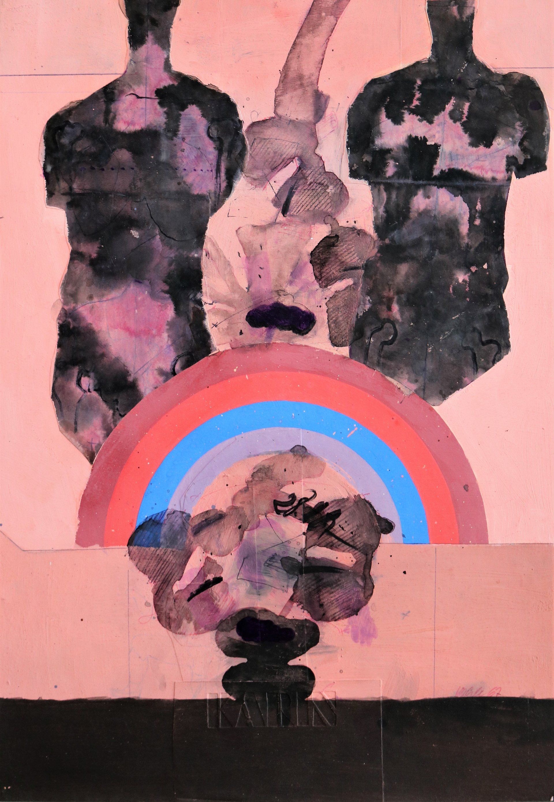 Ein Gemälde von zwei Menschen und einem Regenbogen an einer Wand