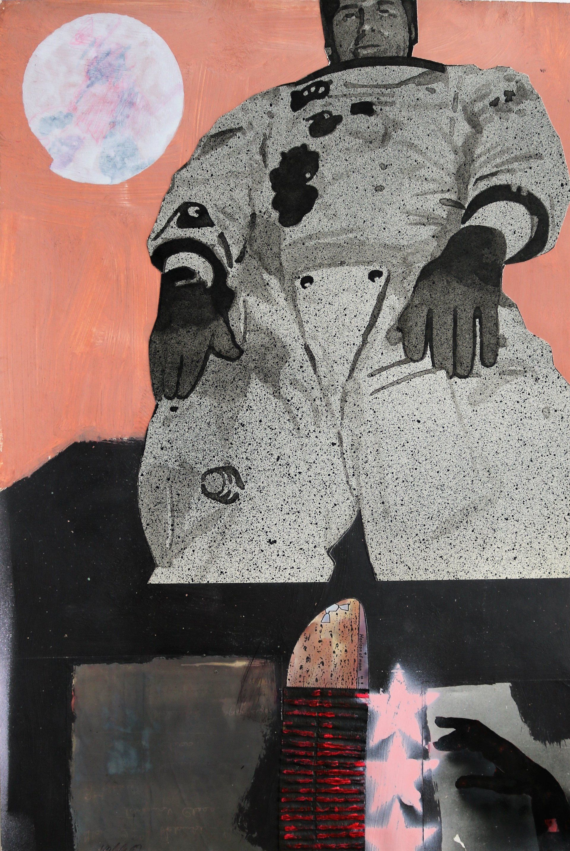 Ein Gemälde eines Mannes in einem Raumanzug, der auf einem Tisch sitzt