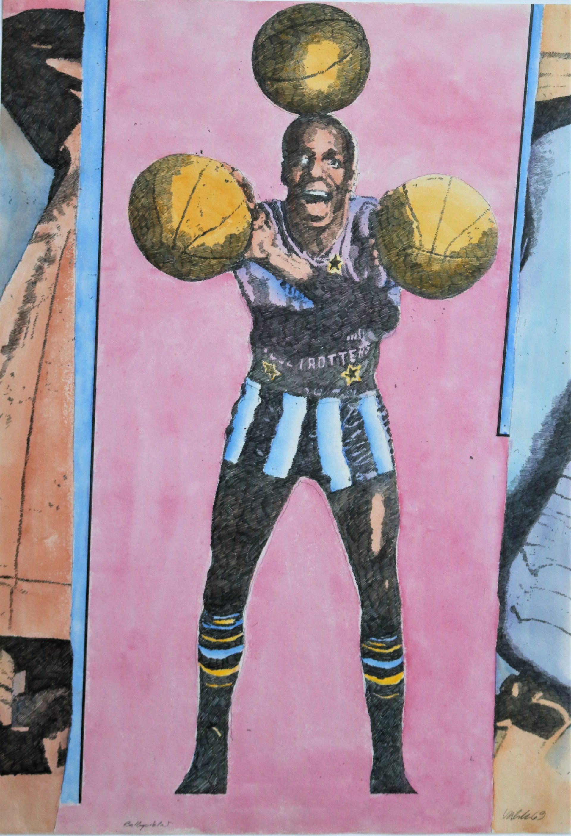 Ein Gemälde eines Mannes, der zwei Basketbälle auf seinem Kopf balanciert