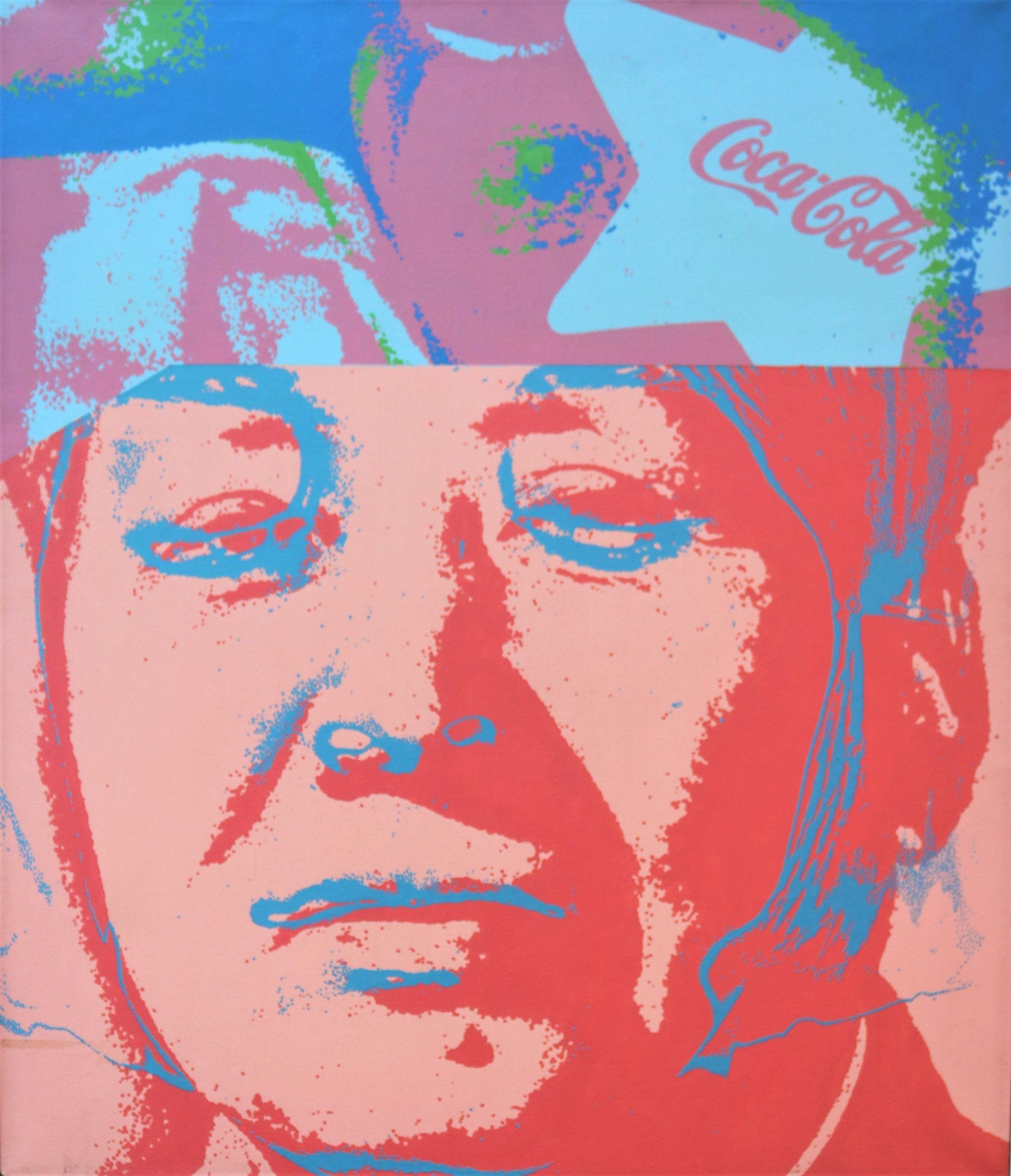 Ein Gemälde eines Mannes mit einem Coca-Cola-Hut auf dem Kopf