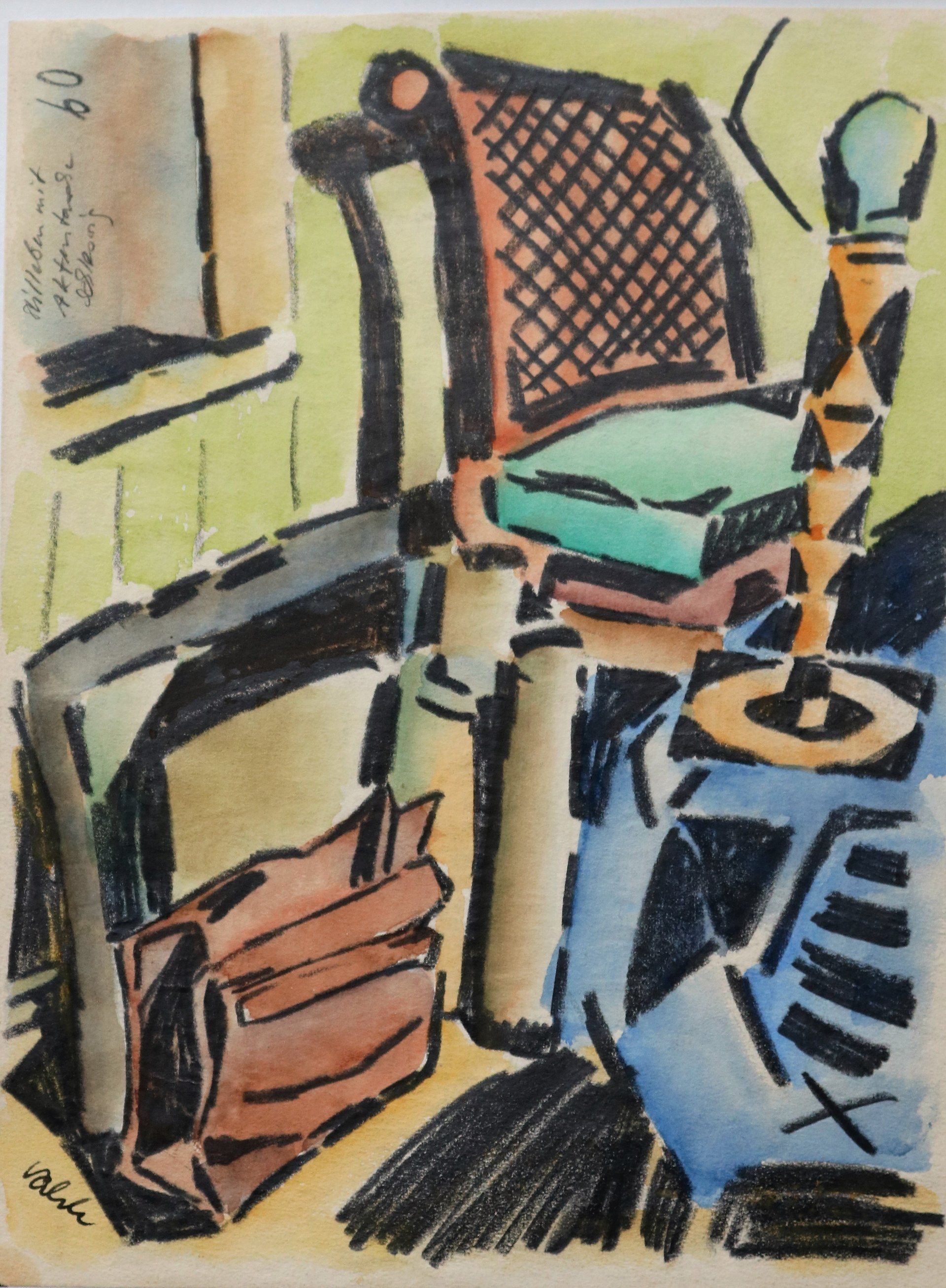 Ein Gemälde eines Stuhls und einer Tasche mit der Nummer 60 auf der Unterseite