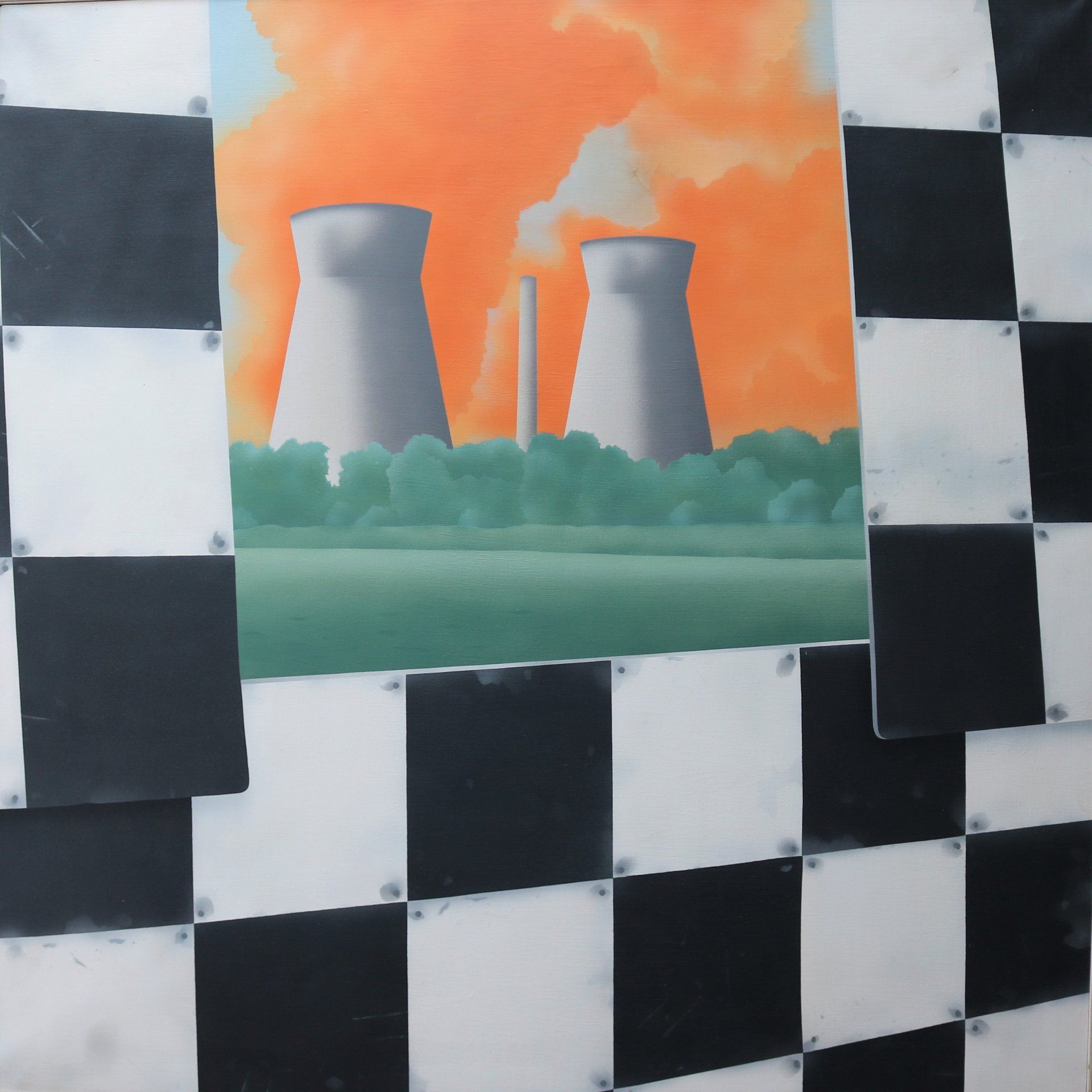 Ein Gemälde von zwei Kühltürmen auf einem karierten Hintergrund