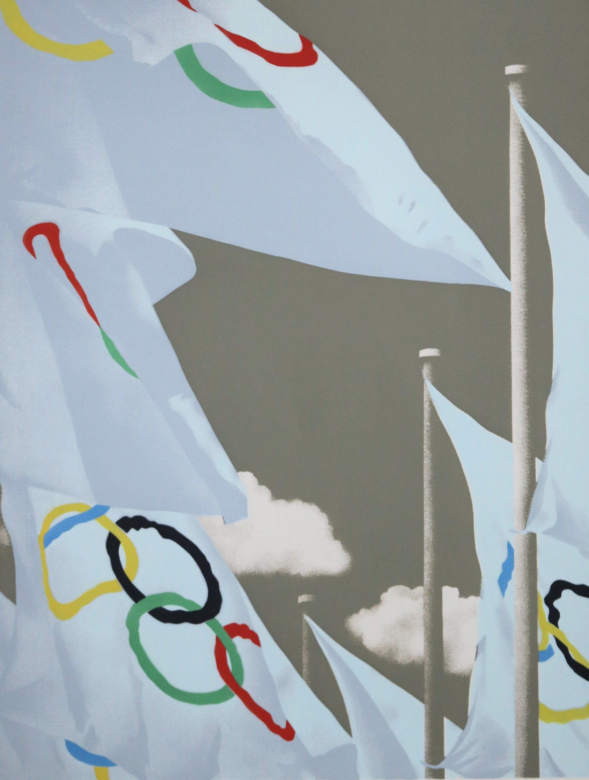 Ein Haufen olympischer Flaggen weht im Wind