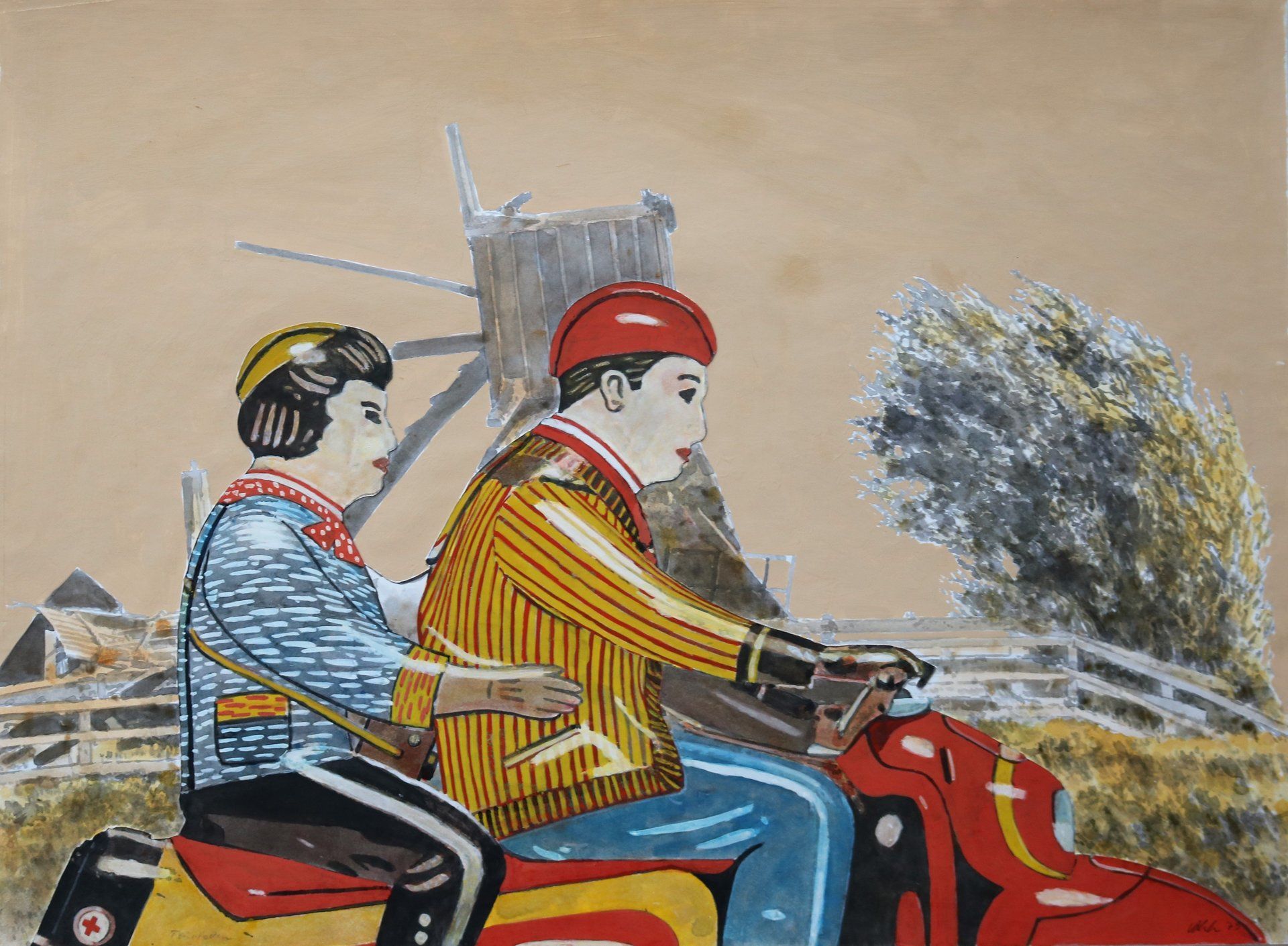 Ein Gemälde von zwei Personen auf einem Motorroller mit einer Windmühle im Hintergrund.