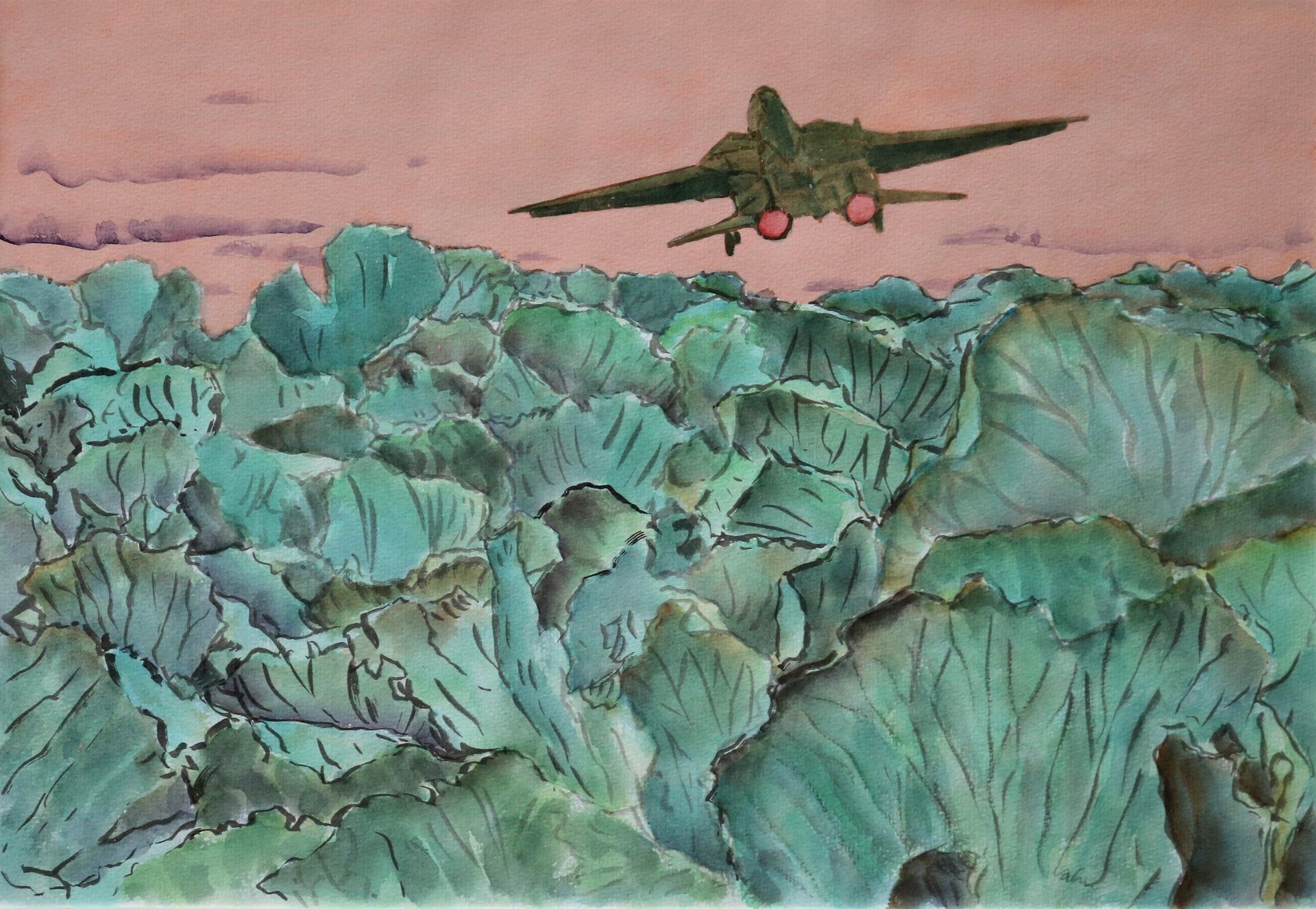 Ein Gemälde eines Flugzeugs, das über ein Blätterfeld fliegt