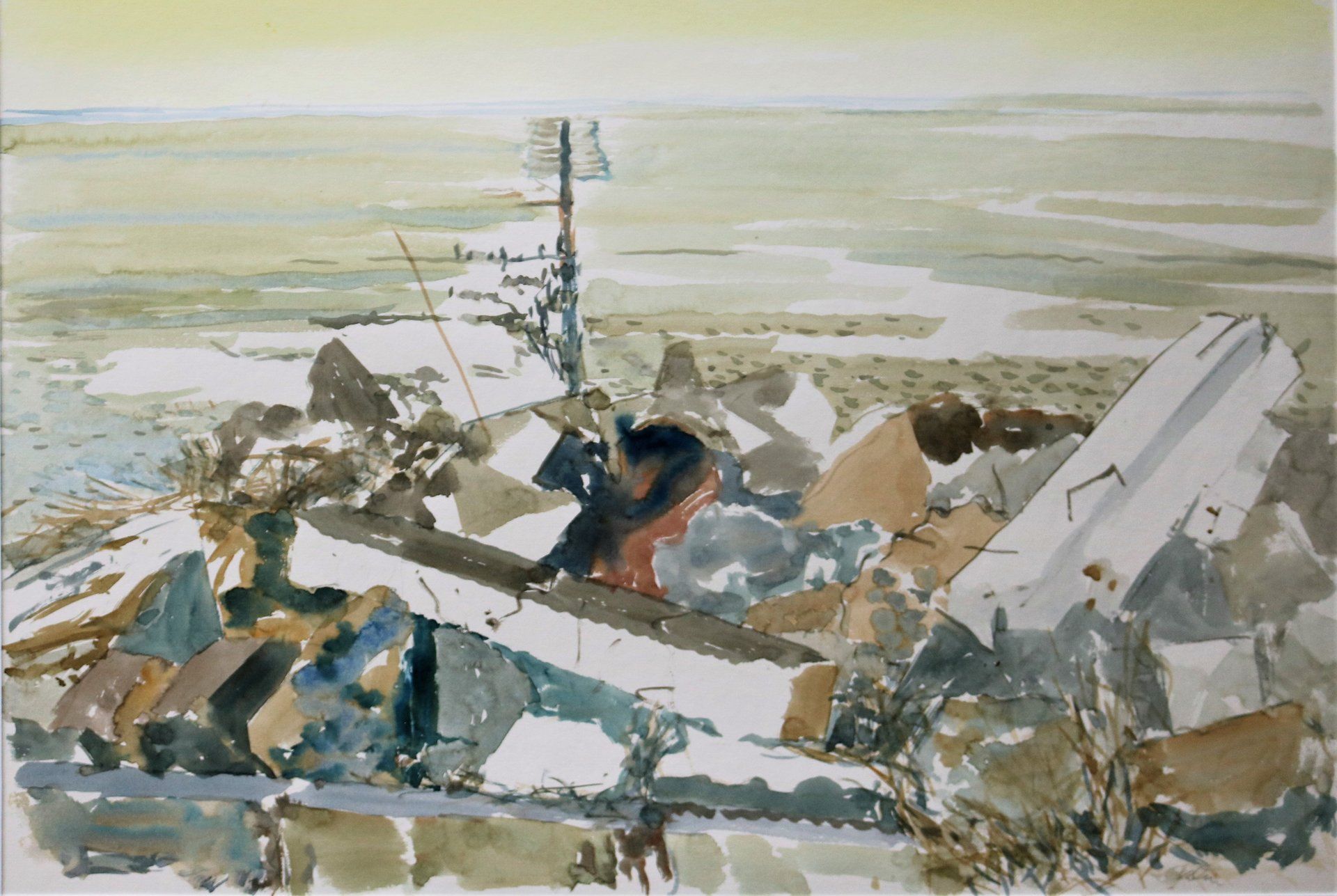 Ein Aquarell von einem Müllhaufen an einem Strand