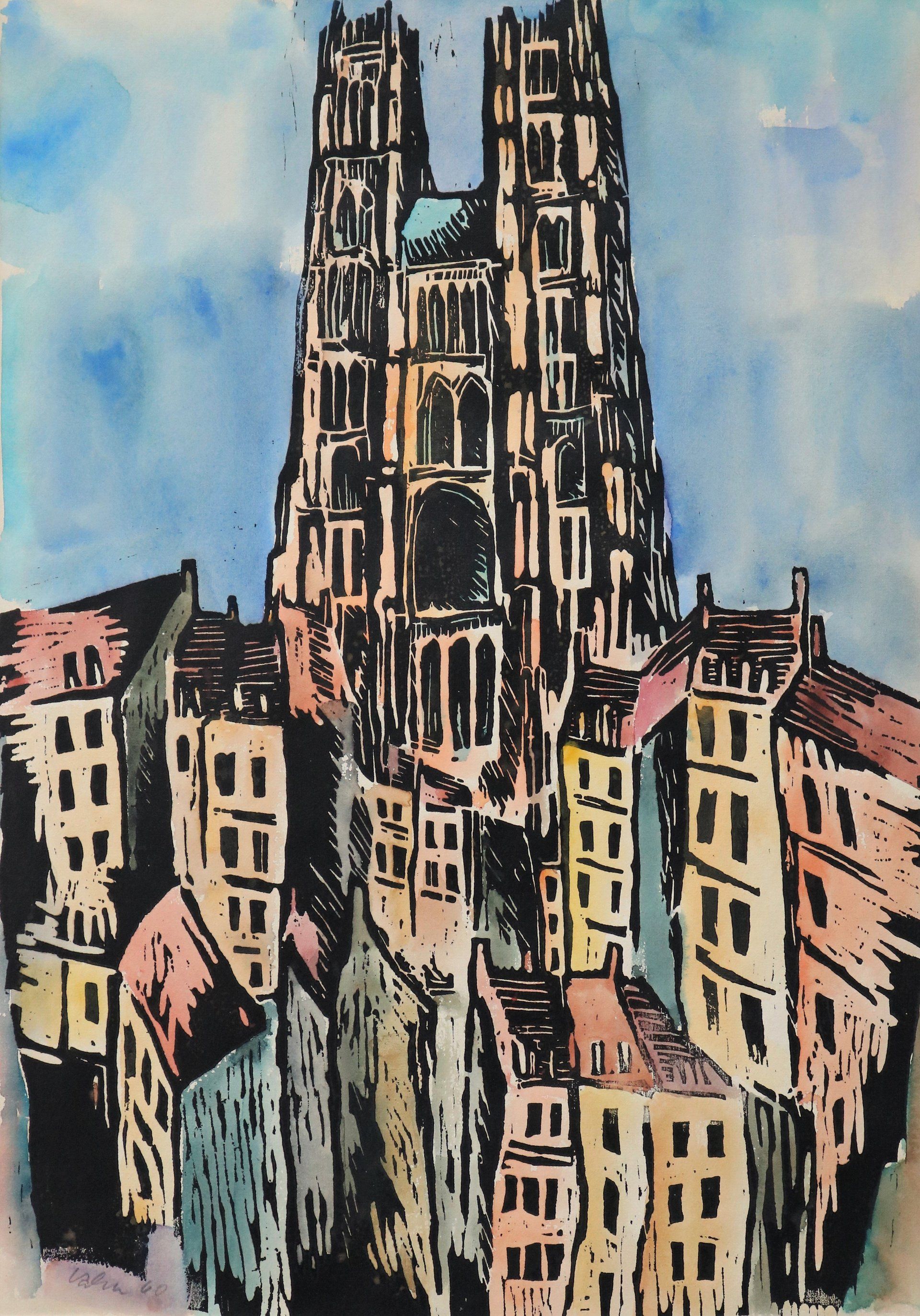 Ein Gemälde einer Kathedrale, umgeben von Gebäuden