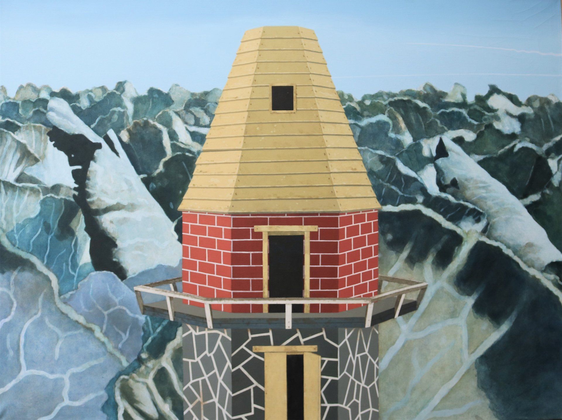 Ein Gemälde eines Backsteingebäudes mit einem Holzdach