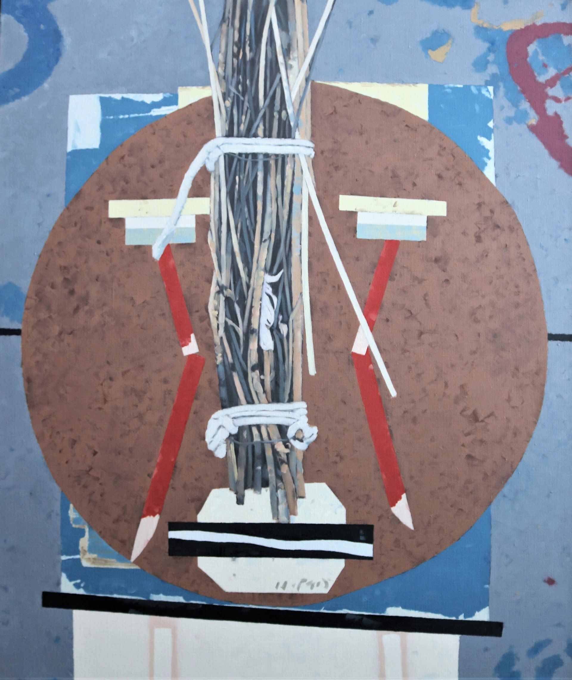 Ein Gemälde eines Gesichts mit daran befestigten Bleistiften